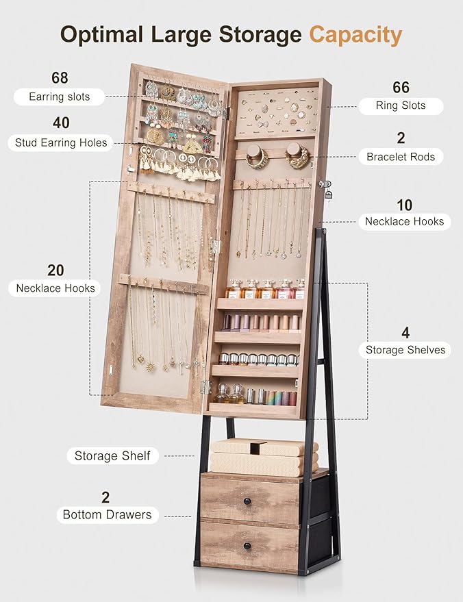 Nicetree Jewelry Cabinet Armoire with 2 Drawers,Standing Jewelry Mirror Cabinet, Full Length Mirror with Jewelry Storage, Lockable Jewelry Organizer with Mirror, Oak