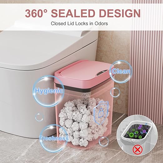 Vanpopubs 2 Pack 2.7 Gal Bathroom Trash Can with Lid, Automatic Trash Can Small Smart Garbage Can Touchless, Slim Motion Sensor Waterproof Plastic Trash Bins for Bedroom Office Kitchen Toilet Pink