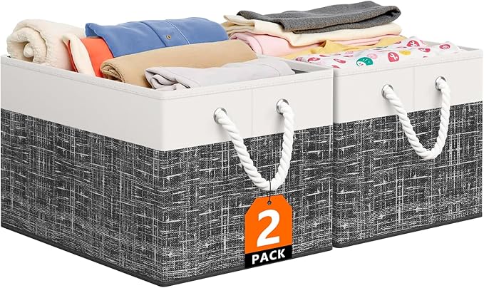 StorageTastic Storage Bin,Collapsible Storage Basket For Organizing,Large Storage Boxes With Rope Handles,Storage Containers,White & Black,2 Pack