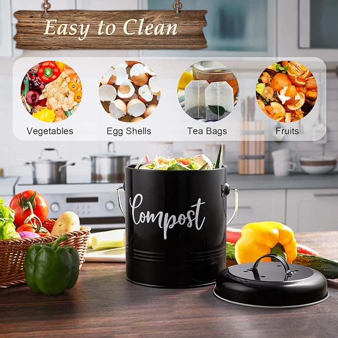 DAYYET Compost Bin Kitchen, 1.3 Gallon Farmhouse Kitchen Compost Bin Countertop, Indoor Countertop Compost Bucket with Lid and Charcoal Filters, Black