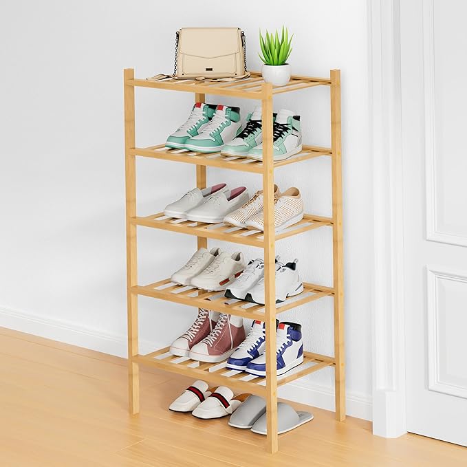 Smiry Shoe Rack, 5 Tier Small Bamboo Shoe Organizer, Stackable Free Standing Wooden Shoe Storage Shelf for Closet, Entryway, Front Door Entrance, Natural