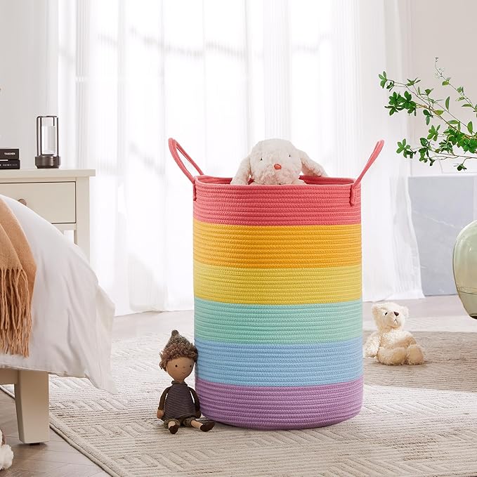 80L Extra Large Rainbow Laundry Hamper Basket for Girls Kids Tall Unicorn Baby Nursery Hamper for Clothes Woven Rope Blanket Toy Basket in Living Room Playroom Bedroom 16"D x 22"H