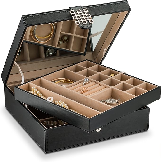 Glenor Co 28 Section Jewelry Box - 2 Layer - Buckle Snap & Magnet Closure - Large Mirror - Pu Leather - Black - Jewelry Organizer for Women & Girls - Holder for Earring Ring Necklace & Bracelet