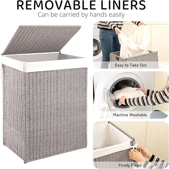 OIAHOMY Laundry Hamper with Lid, 90L(23.8 Gal) Large Wicker Laundry Basket for Bedroom, Handwoven Paper Rope Clothes Hamper with Washable Liner & Metal Frame, Decorative Organizer for Bathroom Grey
