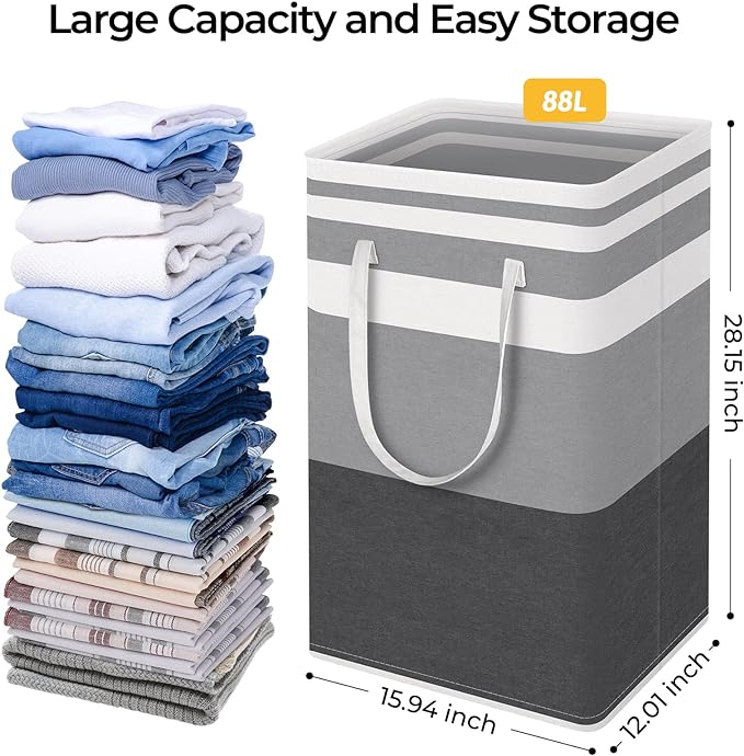 HomeHacks Large Laundry Basket, Waterproof, Freestanding Laundry Hamper, Collapsible Tall Clothes Hamper with Extended Handles for Clothes in The Dorm and Family Gradient Grey,88L