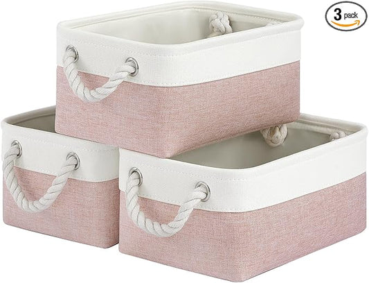Storage Baskets for Shelves 11.8x7.9x5.2 Inch, Foldable Fabric Storage Bins with Handles, Small Storage Baskets for Organizing Closet, Office, Home Organization (3-Pack, White&Pink)