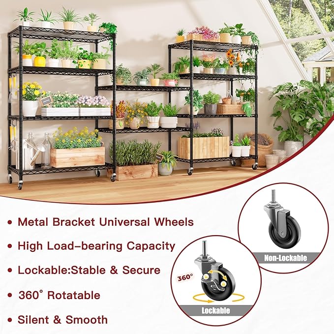 PrimeZone 74''H Wire Shelving 1250lbs 5 Tier Storage Shelves with Wheels NSF Certified Heavy Duty Steel Metal Shelf Adjustable Rolling Rack Kitchen Garage Closet Pantry 4pcs 74''HX36''WX14''D 4pcs