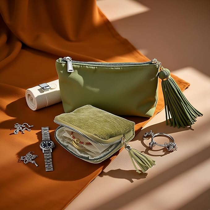 Small Travel Jewelry Case - Jewelry Travel Organizer Bag with Tassel Zipper for Bracelets, Necklaces, Bangles, Jewelry Organizer Storage Bag Gift for Women Girls - LJB001-Olive Green