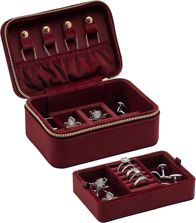 Velvet Travel Jewelry Organizer Box with Zipper Around,Portable Accessory Display Tray Holder Storage Case for Multiple Earrings Rings Necklaces Bracelets (Red)