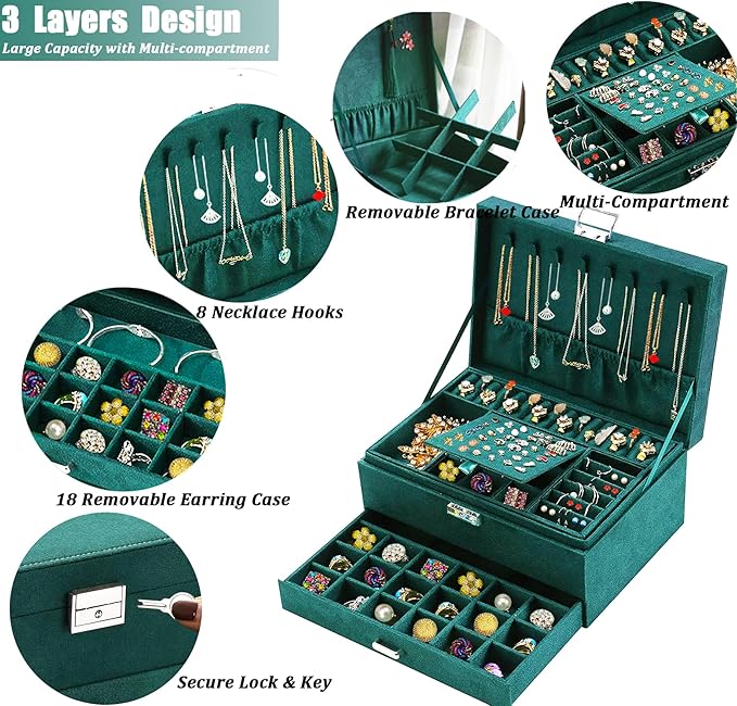 QBestry Jewelry Box for Women with Drawer, 3-Layer Large Jewelry Organizer with Lock & Key, 8 Necklace Hooks & 56 Earring Holes, Green Velvet Jewelry Storage Box for Necklaces Earrings Rings Bracelets