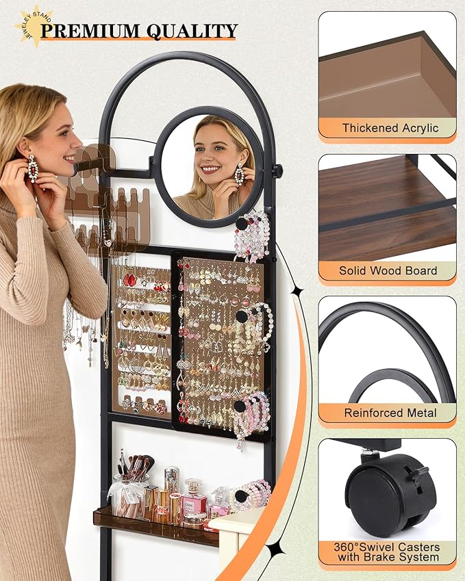 Mirror Jewelry Cabinet Standing, Jewelry Organizer and Storage with Jewelry Mirror, Jewelry Armoire with Earring Organizer Necklace Holder Bracelet Display, Large Tall Stand Up Jewelry Box Stand Tree