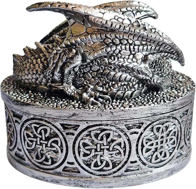Dragon Statue Jewelry Box, Medieval Fantasy Myth Dragon With Cover Treasure Box, Dragon Statue Decoration Collection Gift Box. (Sliver)