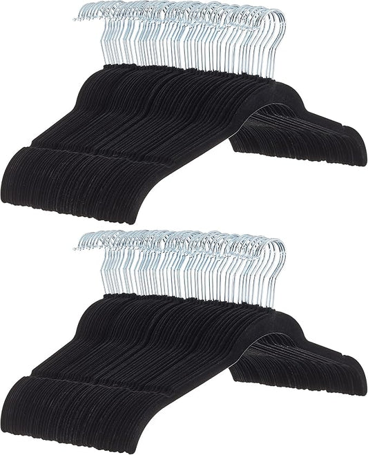 Amazon Basics Space Saving Slim Velvet Non-Slip Clothes Hangers for Closet Organization, Black, 100-Pack