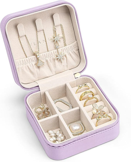 VLANDO Small Travel Jewelry Box Organizer - Girls Women Gift Rings Earrings Necklaces Jewelry Storage Display Case Purple