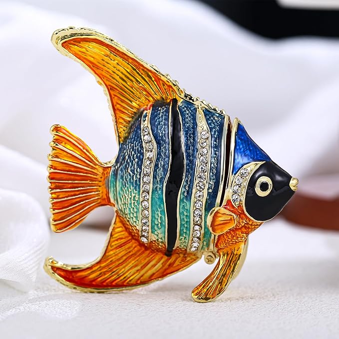 Hand Painted Animal Trinket Box for Home Decor, Hinged Jewelry Organizer Storage, Unique Personalized Collectible Keepsake Figurine Handmade Decorative Ornament Gifts (Angelfish)