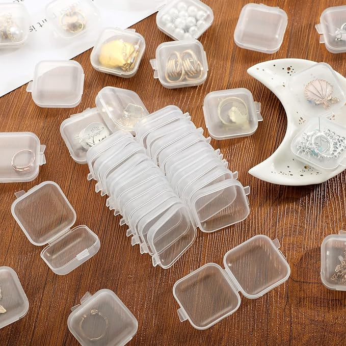 Chunful 100 Pack Mini Clear Plastic Jewelry Box Earring Organizers Small Storage Containers with Hinged Lid for Earrings Pearl Bracelets and Small Accessories