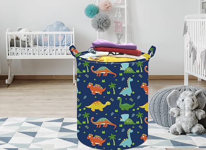 Collapsible Kids Laundry Basket Clothes Hamper, Foldable Storage Organizer Bin, Toy Clothes Storage with Handles for Boys Girls Bedroom, Room Decor Dinosaur