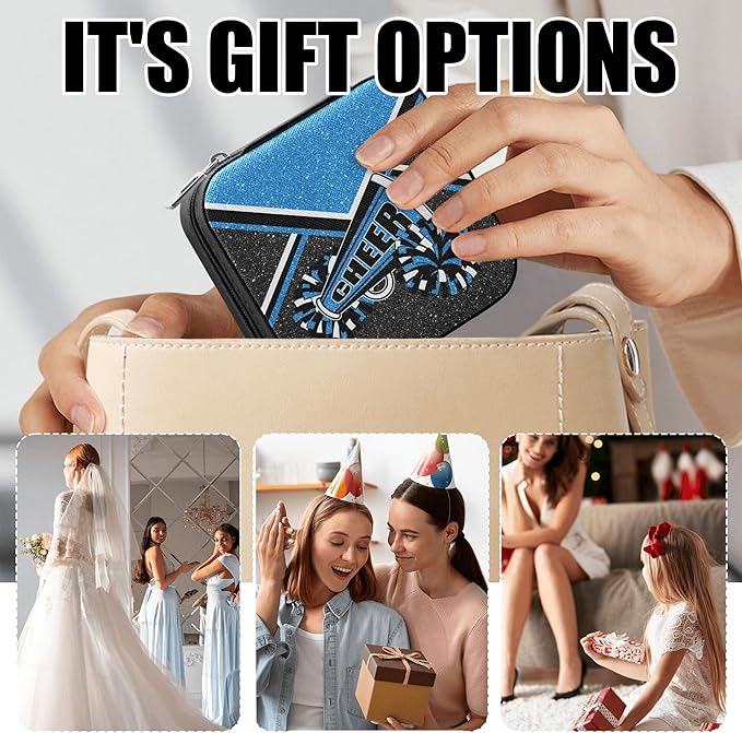 Cheerleader Travel Jewelry Case, Cheer Travel Jewelry Box for Women, Mini Jewelry Travel Case for Cheer Team, Cheerleader Gifts for Girls (Blue)