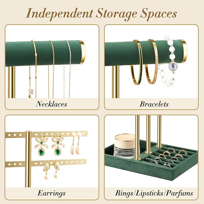 bussdis 3 Tier Bracelet Holder Display - Detachable T Bar Dark Green Velvet Bracelet Holder, Jewelry Holder Organizer for Bracelet, Necklace, Earrings, Rings