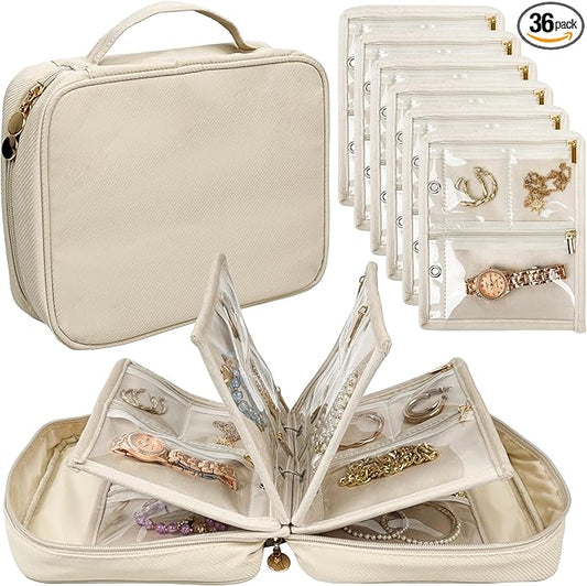 Travel Jewelry Organizer Case,Jewelry Bags Jewelry Storage Book Binder with Clear Zipper Velvet Pouch for Traveling,Earrings, Rings, Necklace, Bracelet (White)