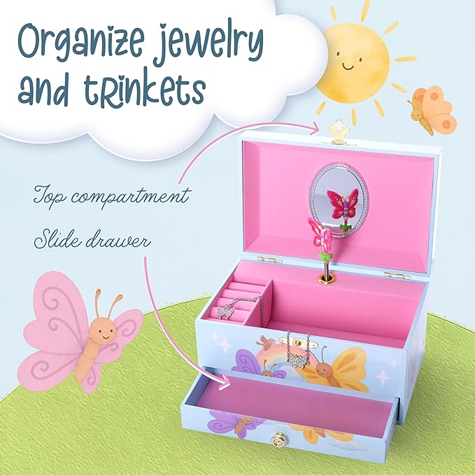 The Memory Building Co Butterfly Musical Jewelry Box Plays Classic Melody, Storage Organizer Music Box for Kids Ages 6-12, MDF Wood w/ 2 Fabric Lined Ring Bracelet Necklace Treasure Compartments