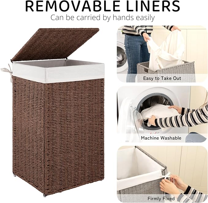 OIAHOMY Laundry Hamper with Lid, 65L(17.2 Gal) Large Wicker Laundry Basket for Bedroom, Handwoven Paper Rope Clothes Hamper with Washable Liner & Metal Frame, Decorative organizer for Bathroom Brown