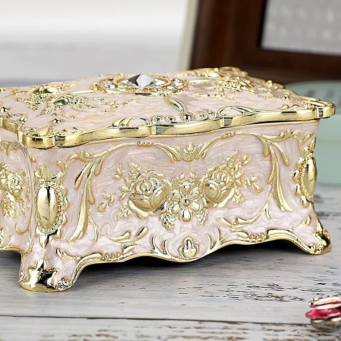 Hipiwe Vintage Jewelry Box, Small Enameled Trinket Box Organizer Rectangular Treasure Chest Box Jewelry Decorative box Keepsake Gift Box Case for Women,3.7x 2.7x 2 inch