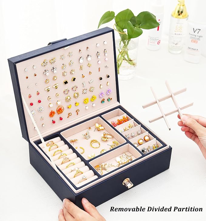QBestry Womens Earring Jewelry Box for Girls Jewelry Earrings Organizer Box Earring Holder Organizer for Girls Jewelry Organizer Boxes for Women Girls Stud Earrings Organizers Jewelry Box Navy
