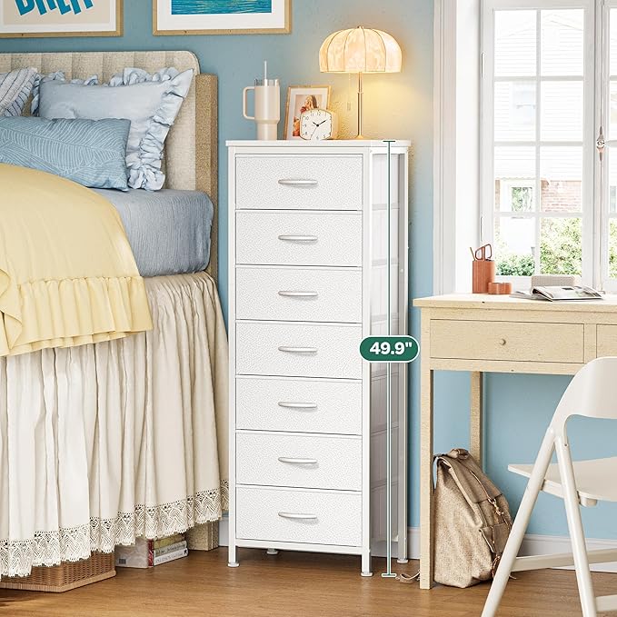 Huuger Tall Dresser for Bedroom, 7 Drawer Dresser & Chests of Drawers, Fabric Drawer for Closet, Bedroom, Night Stand, Metal Frame, Storage Tower with Fabric Bins, White