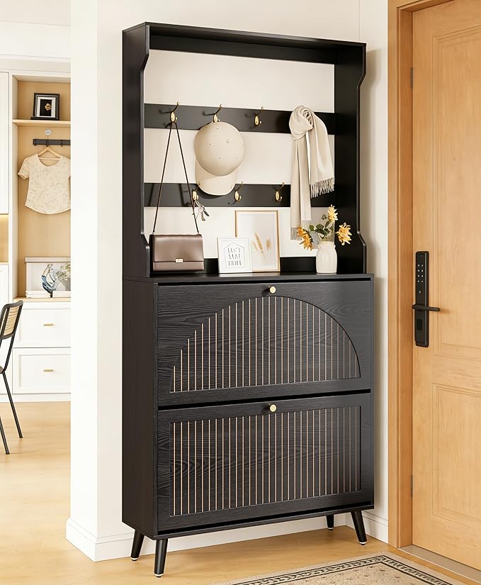 Fsbecl Shoe Cabinet for Entryway with 2 Flip Drawers & Coat Rack, Narrow Hidden Shoe Storage Cabinet with Fluted Panel, 2-in-1 Hall Tree Slim Freestanding Shoe Rack Organizer for Hallway, Black