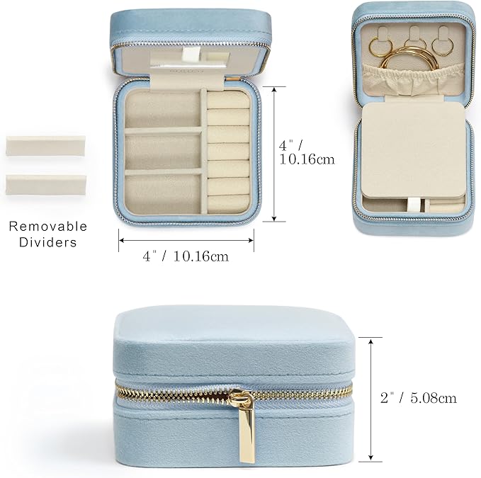 BLUTETE Travel Jewelry Box Organizer Velvet Travel Case With Mirror Ring Earrings Necklaces Storage Organizer Box (Sky Blue)