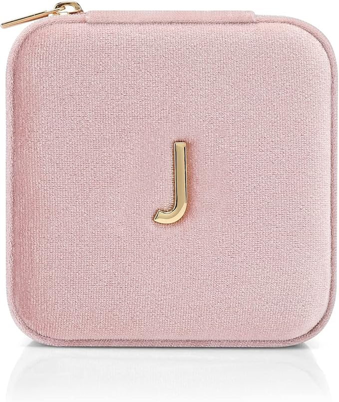 Vlando Small Travel Jewelry Box Organizer Display Case for Rings Earrings Necklaces Storage, Selected Soft Velvet, Letter J Engraved, Pink