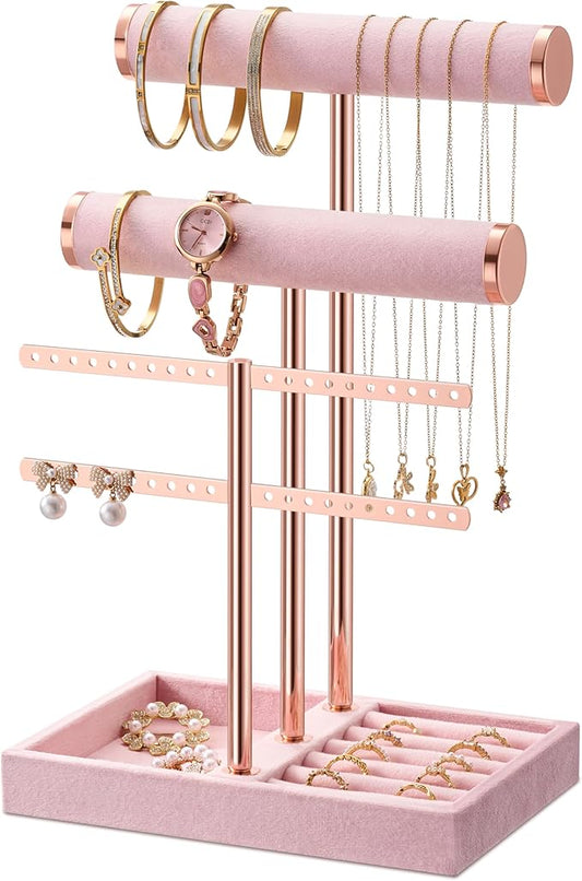 bussdis 3 Tier Bracelet Holder Display - Detachable T Bar Pink Velvet Bracelet Holder, Jewelry Holder Organizer for Bracelet, Necklace, Earrings, Rings