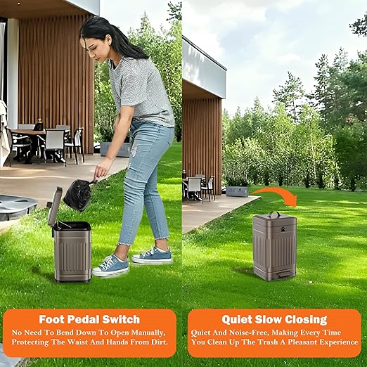 Dog Poop Trash Can Outside, 5L/1.3Gal Metal Dog Waste Trash Can with Lid, Foot Pedal, Pet Waste Container with 40 Bags, Poop Bucket with Lid Soft Close for Pet, Brown