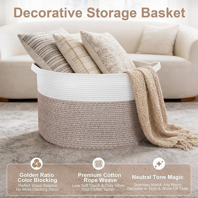 90L Extra Large Blanket Basket for Living Room - Cotton Rope Laundry Hamper Woven Baskets XXL Storage Bin with Handles for Dirty Clothes, Kids, Pets, Toys, Bedroom, 23'' x 23'' x 13'', White & Brown