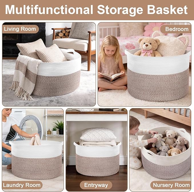 XXXL Large Laundry Basket, 105L Soft Cotton Rope Basket, Blanket Storage and Organizers, Baby Nursery Laundry Hamper, Extra Large Toys Storage Bins for Kids 23.6'' x 14.6'', White & Brown