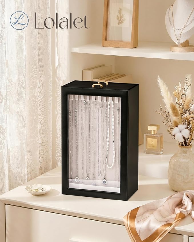 Lolalet Upgraded Double-Sided Hanging Necklace Organizer Box, Jewelry Display Case with Double-Sided Clear Window for Necklaces Bracelets, Tangle-Free Necklace Storage Box, Mothers Day Gift