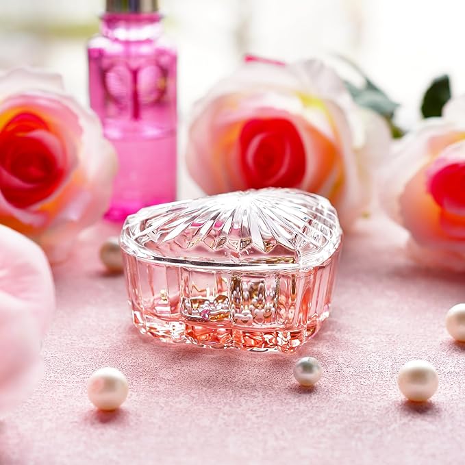 kanpura Glass Heart Shaped Jewelry Box Candy Dish with Lid Ring Earring Trinket Storage Box Vintage Jewelry Organizer Decorative Jar Christmas Gift for Women Girls(Pink)
