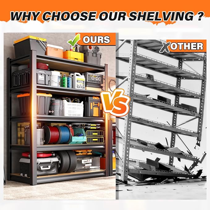 78''H*46''W Storage Shelves,3000LBS Garage Shelving ,Adjustable Garage Shelves ,Heavy Duty Metal Shelving, 5 Tier Wood Utility Steel Shelf, Shelving Units and Storage Rack fo Kitchen Pantry Laundry