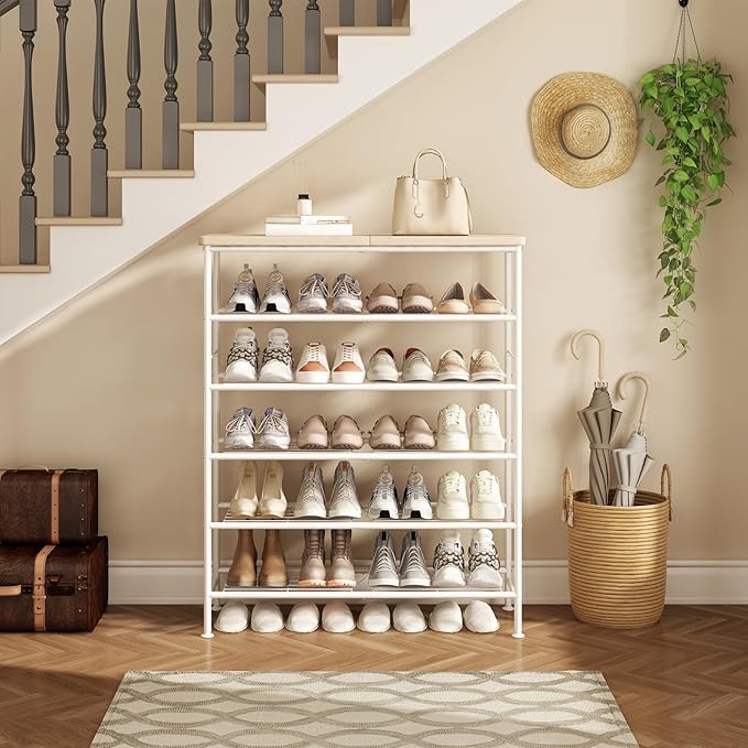 SUOERNUO Shoe Rack Organizer 6 Tier for Closet Entryway Free Standing Metal Storage Shoe Shelf with MDF Top Board，White+Oak