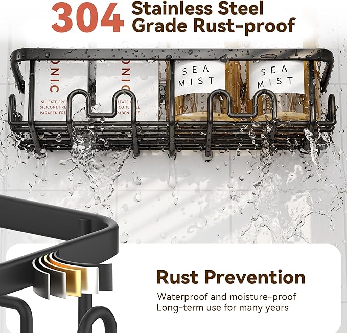 YASONIC Adhesive Shower Caddy, 2 Pack Black Shower Shelves for Inside Shower, Rustproof Shower Organizer with Soap and Toothbrush Holder, No Drilling Shower Storage for Bathroom/Kitchen