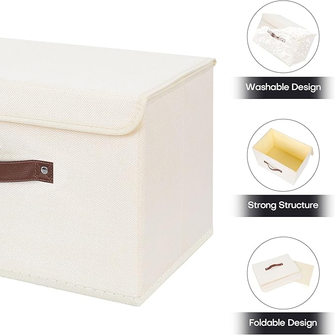 ANMINY 2PCS Storage Bin with Lid Storage Boxes with PU Leather Handles PP Plastic Board Decorative Foldable Lidded Cotton Linen Fabric Home Cubes Baskets Closet Organizer Container - Beige, Medium