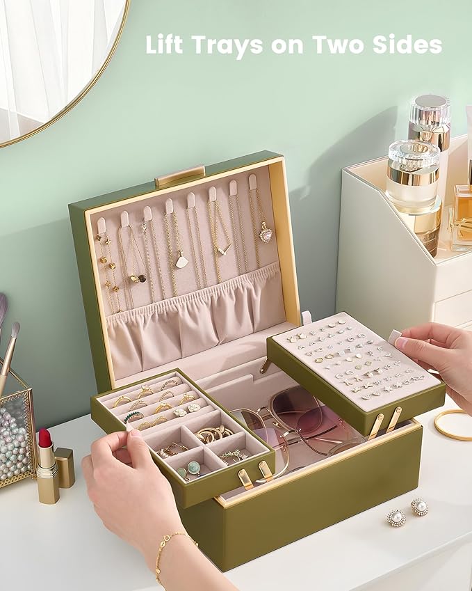 Lolalet Jewelry Box Organizer for Women Girls, 2 Layer Jewelry Organizers and Storage for Necklace Earrings Rings Bracelets, Large Jewellery Holder Case Birthday Mothers Day Gifts -Olive Green