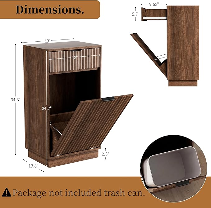Tilt-Out Trash Cabinet with 10-Gallon Capacity, Walnut Laundry Hamper Cabinet, 34.3 x 19 x 13.8 inches, Wave-Textured Front.
