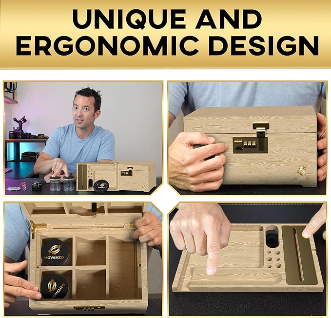 HOVANZO Premium Large Bamboo Storage Box with Removable Tray - Storage Wood Box for Herbs and Accessories - Storage Box Set with Combination Lock - Smell Proof Container with Accessories