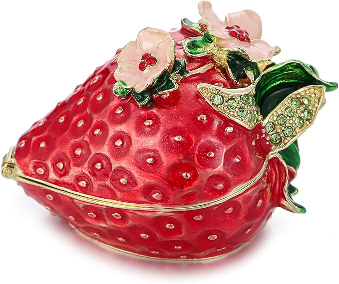 Hand Painted Fruit Trinket Box for Home Decor, Hinged Jewelry Organizer Storage, Unique Personalized Collectible Keepsake Figurine Handmade Decorative Ornament Gifts (Strawberry)