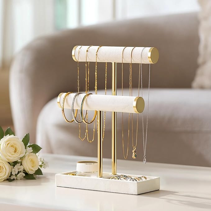 bussdis 2 Tier Bracelet Holder Display - Detachable T Bar Beige Velvet Bracelet Holder, Jewelry Holder Organizer for Bracelet, Necklace, Earrings, Rings