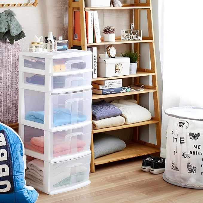 HOMZ 5-Drawer Storage Cart, Clear Plastic Drawers, 14.25" Wide Medium, White Frame - Organizing Drawer Containers for Home, Bathroom, Office, and Classroom