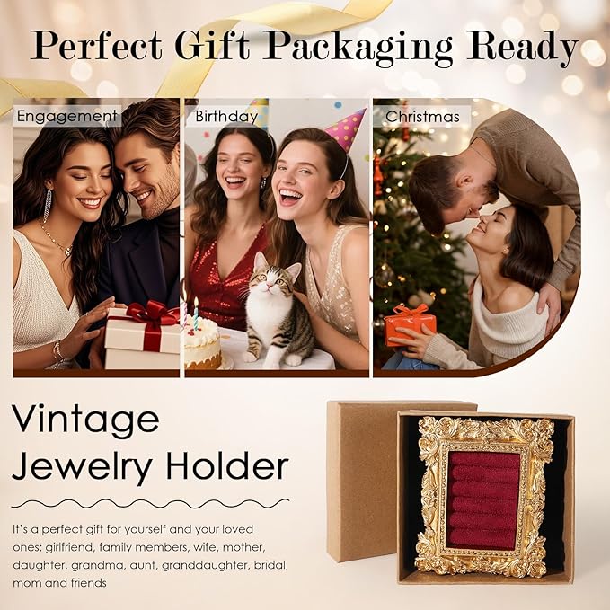 Vintage Ring Holder Rectangle Gold Velvet Display Stand - Baroque Jewelry Organizer Box Tray for Wedding Engagement Anniversary Women Birthday Christmas Gift Photograph Prop (MPF05-Gold Red)