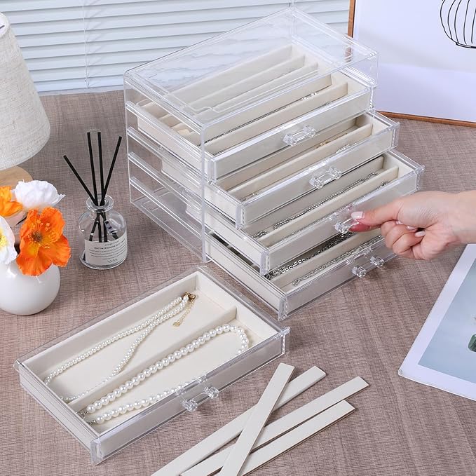 5 Layer Acrylic Necklace Storage Drawer, Dustproof Jewelry Box Organizer with 5 Drawers Dustproof Necklaces Box Clear Acrylic Jewelry Boxes for Women Girls Ring Necklace Earring Bracelet Organizers